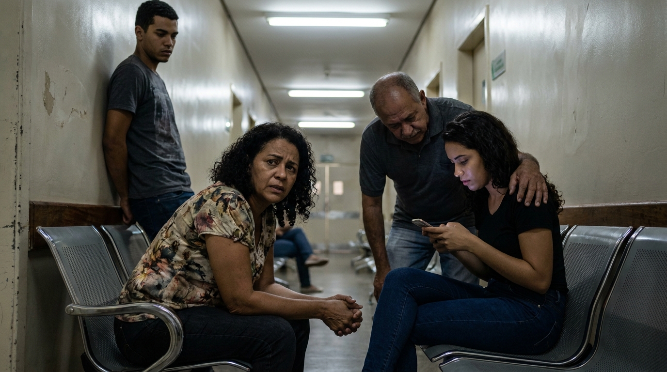 Familiares de trabalhador brasileiro aguardando notícias em corredor de hospital, ilustrando a dor humana que motiva a responsabilidade criminal acidente de trabalho