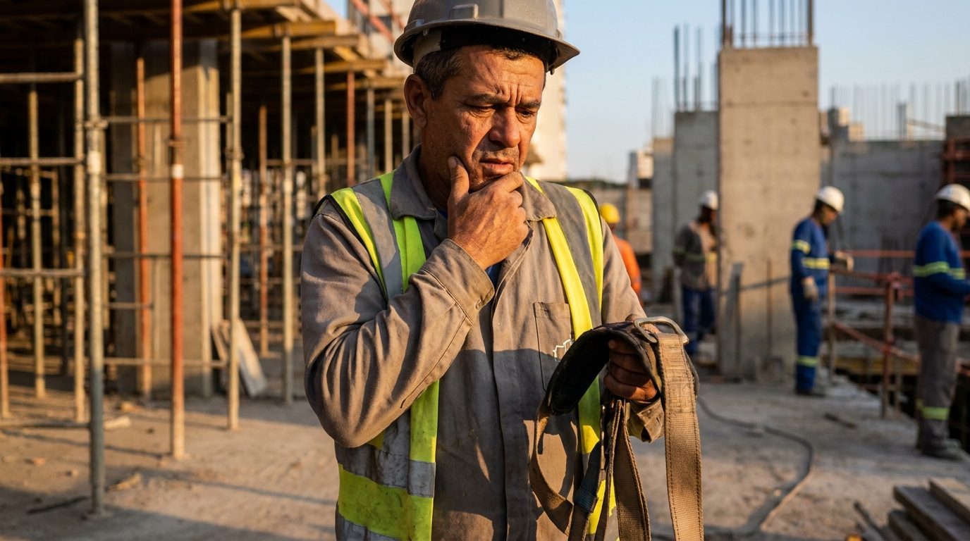 Diretor de construtora brasileira com semblante tenso analisando equipamentos de segurança em canteiro de obras, temendo crime empresarial por negligência