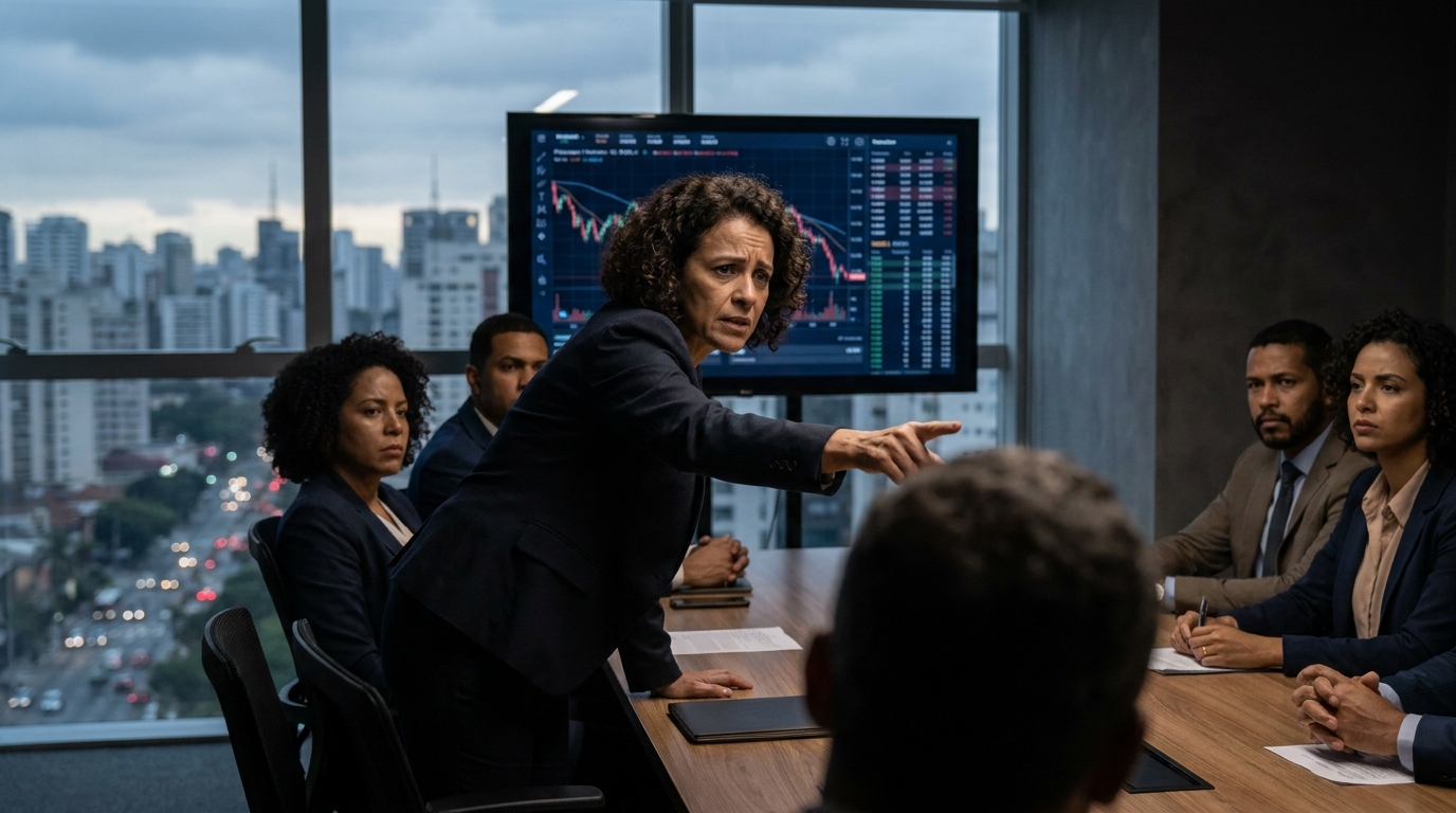 Mulher executiva brasileira em reunião de diretoria apontando para gráficos, preocupada com as consequências do crime empresarial em sua carreira e liberdade