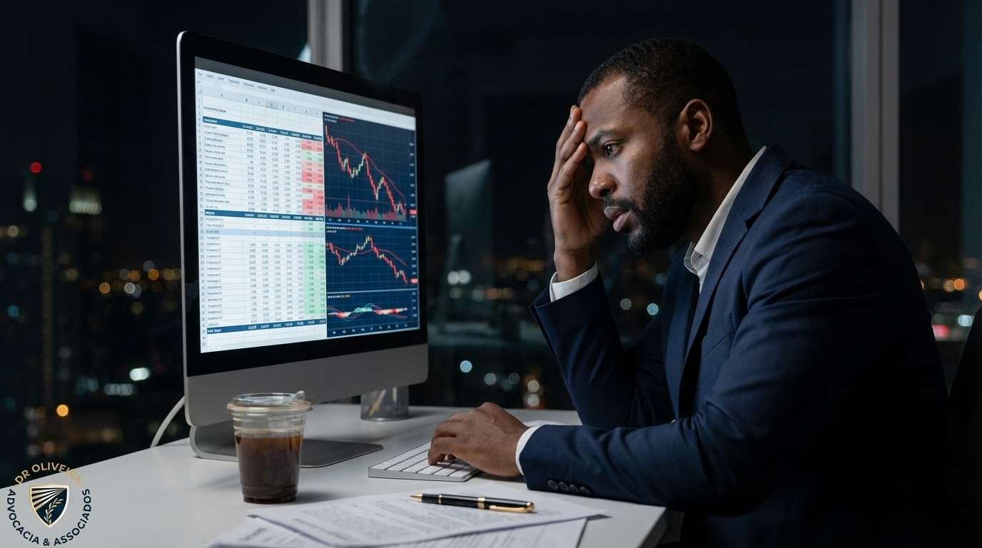 Empresário brasileiro negro em escritório moderno analisando gráficos financeiros no computador com expressão de profunda preocupação - Fraude Contábil e Gestão Temerária