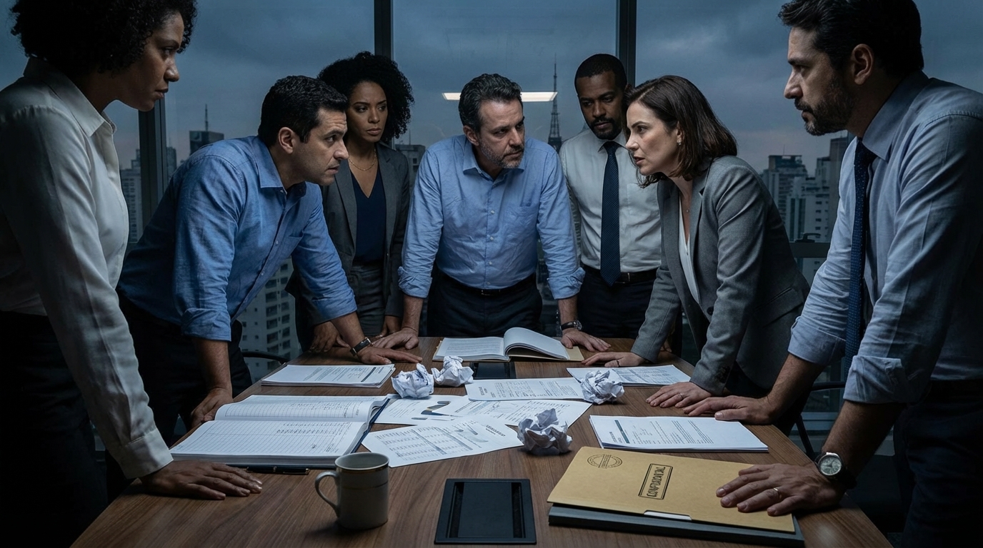 Grupo de executivos brasileiros diversos em sala de reuniões discutindo tensos sobre documentos espalhados na mesa - Crimes Financeiros e Compliance Empresarial