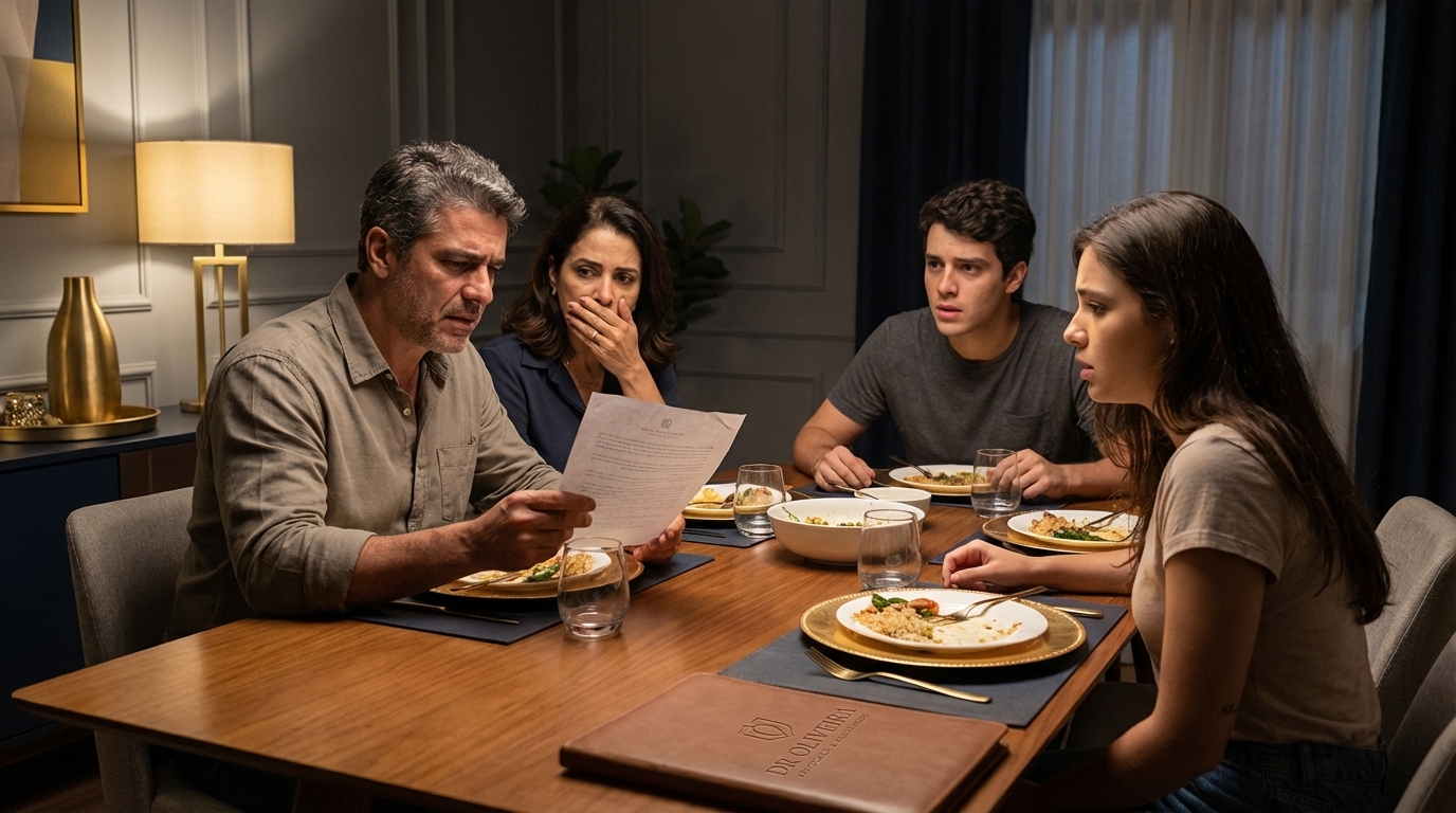 Família brasileira de classe média alta sentada na mesa de jantar parecendo desolada ao ler uma notificação judicial de bloqueio de bens - Defesa Criminal e Habeas Corpus