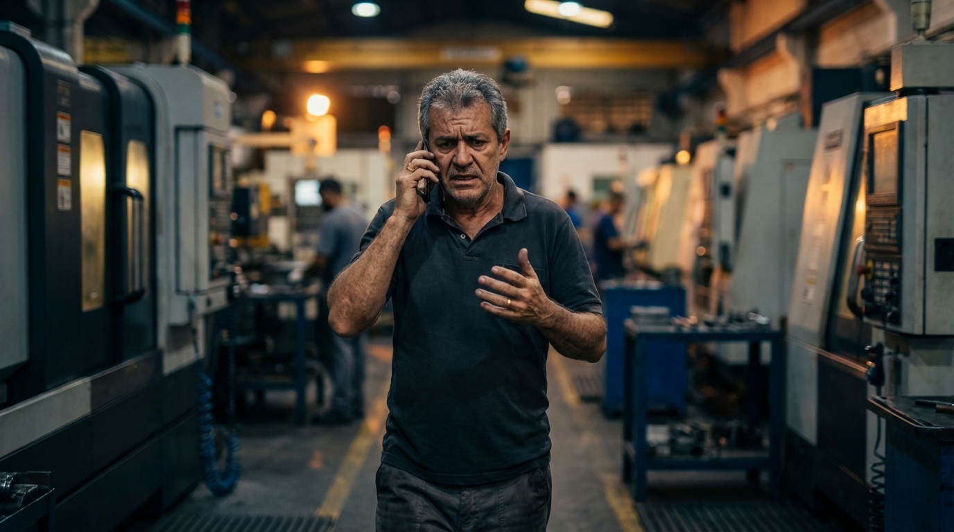 Cidadão brasileiro experiente, dono de empresa, caminhando tenso pela fábrica enquanto fala ao celular com sua assessoria jurídica - Direito Penal Econômico e Crimes Empresariais