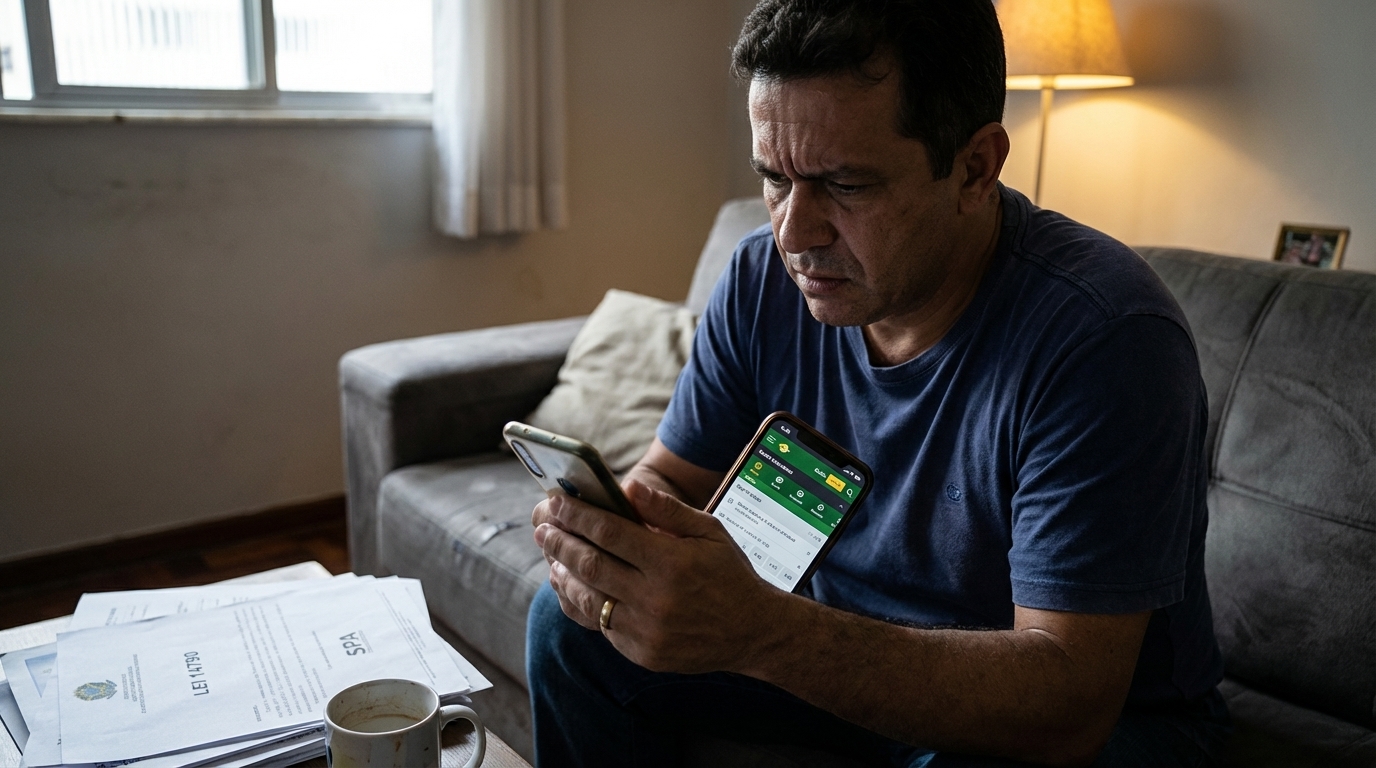 Cidadão brasileiro de meia idade com expressão de preocupação segurando um smartphone, analisando um aplicativo de apostas em sua sala de estar - regulamentação das bets e lei 14790