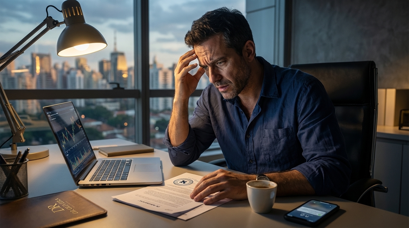 Empresário brasileiro em escritório moderno analisando notificação judicial com expressão de tensão e preocupação - consequências legais e bloqueio judicial