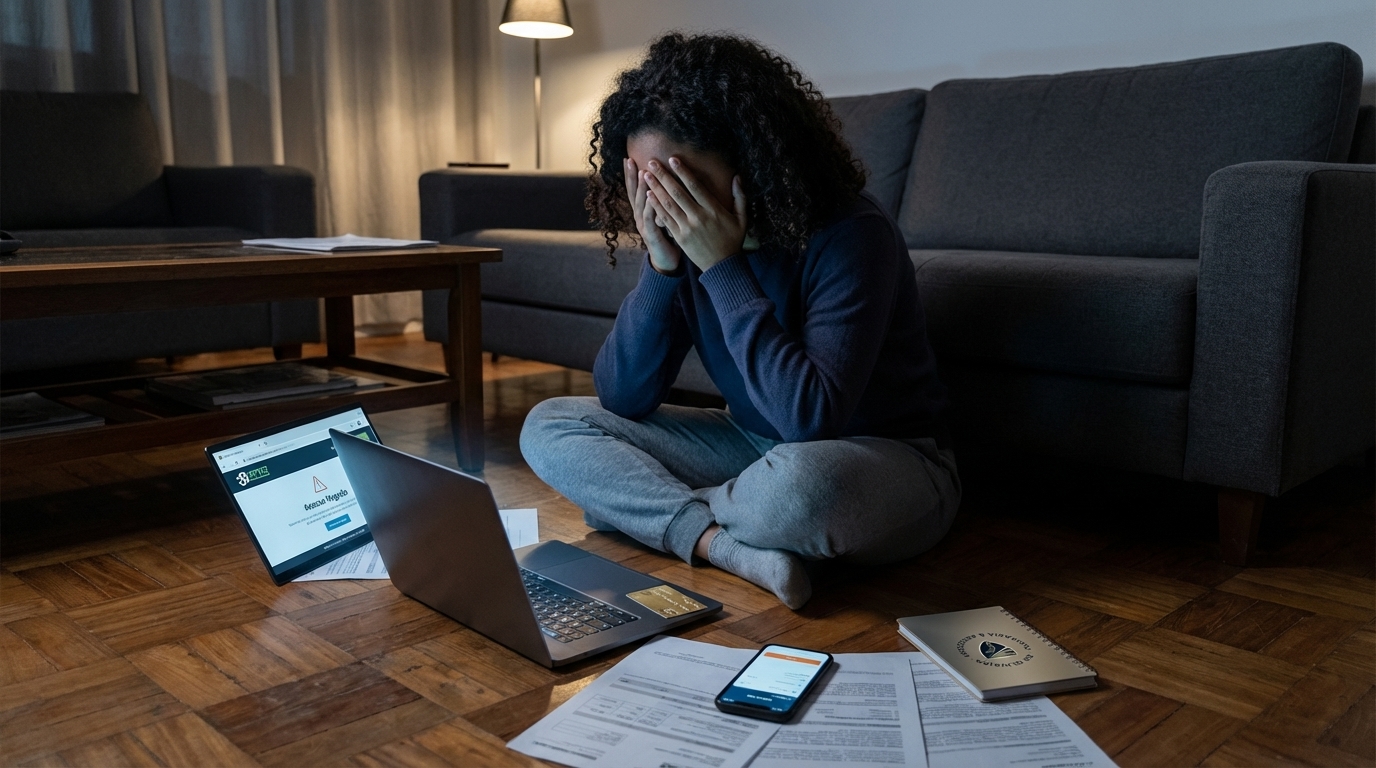 Jovem brasileira sentada no chão da sala com notebook, demonstrando frustração e tristeza ao perceber que foi vítima de golpe digital - crimes digitais e estelionato