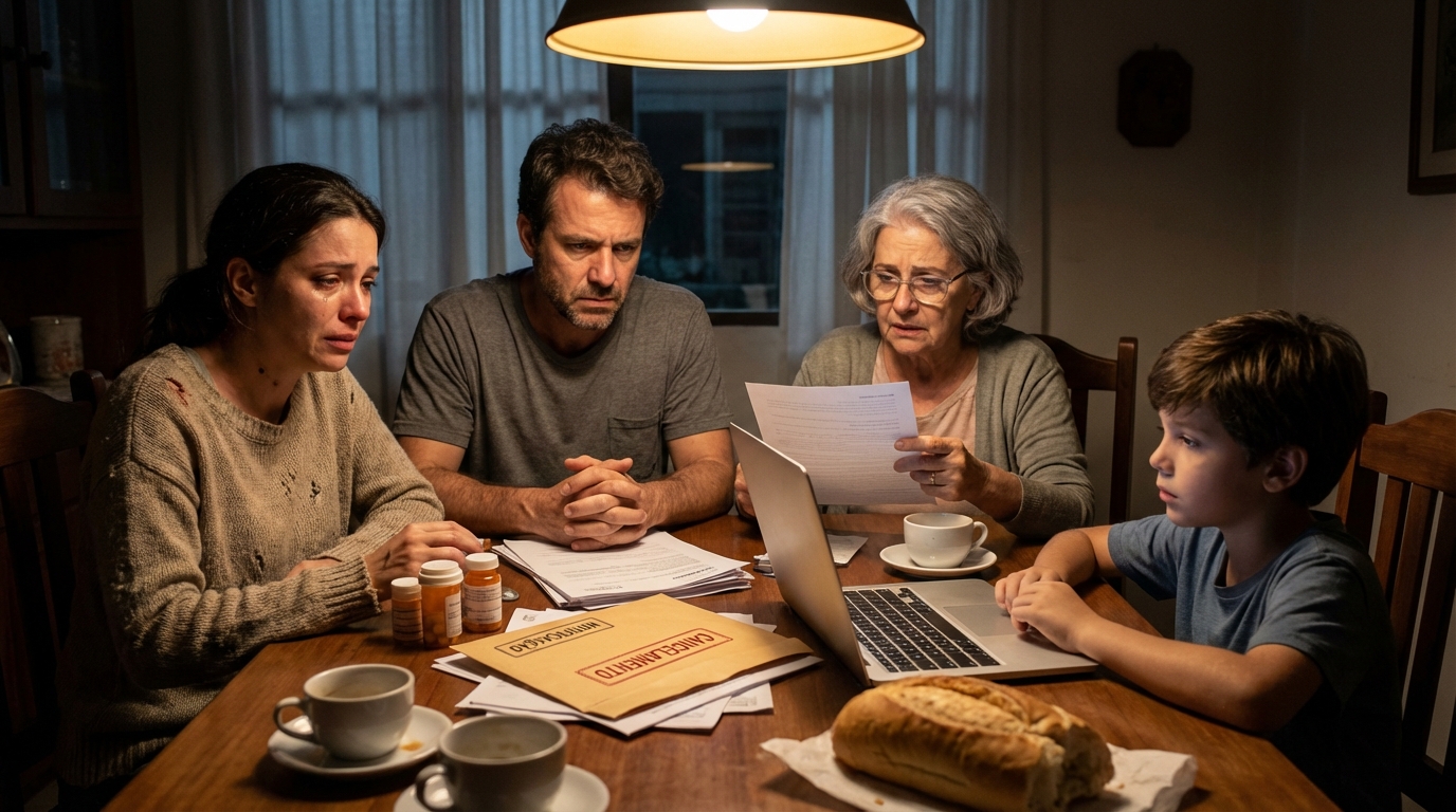 Família brasileira preocupada revisando faturas médicas e notificações na mesa de jantar - cancelamento unilateral plano de saúde