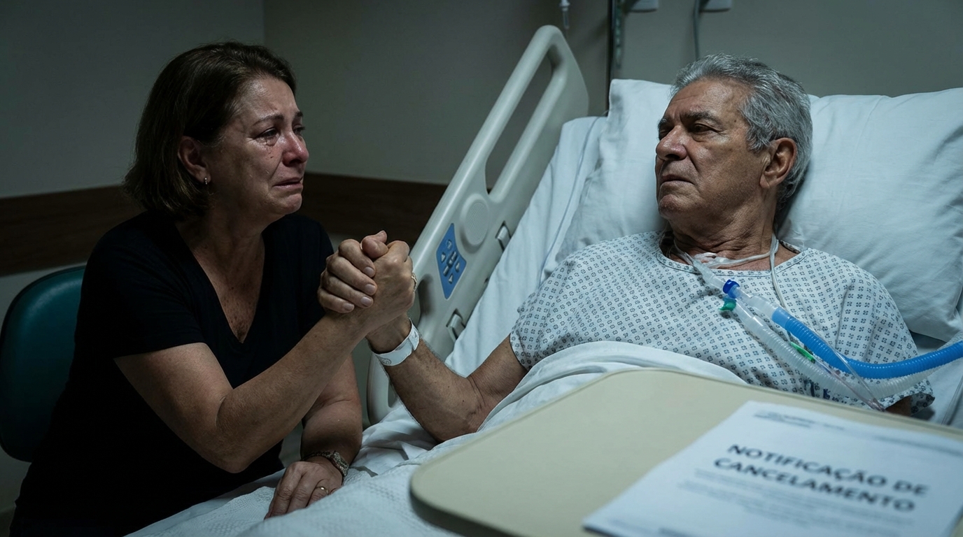 Paciente brasileiro idoso em leito de hospital de mãos dadas com a esposa com expressão de angústia - rescisão plano de saúde em tratamento
