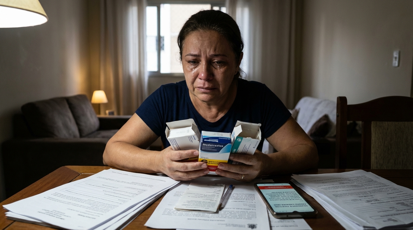 Mulher brasileira segurando caixas de medicamentos de alto custo com semblante desesperado - liminar contra plano de saúde