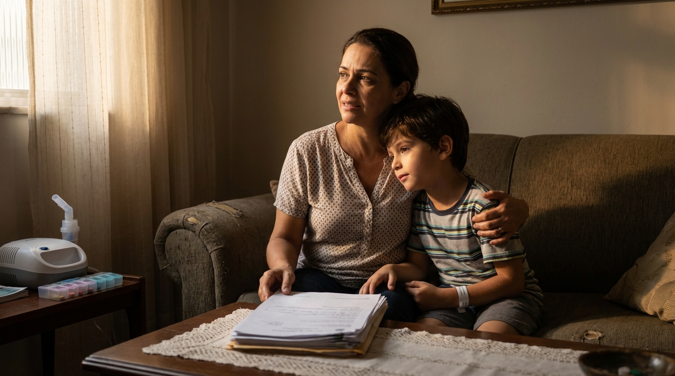 Mãe brasileira abraçando filho em tratamento médico na sala de casa buscando esperança - advogado direito da saúde SP
