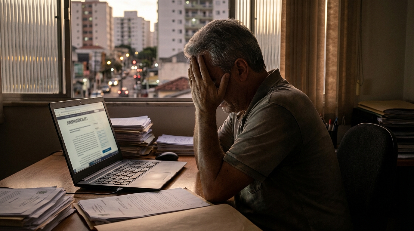 Homem brasileiro de meia idade no escritório em casa cobrindo o rosto em frustração diante do computador - jurisprudência STJ cancelamento plano