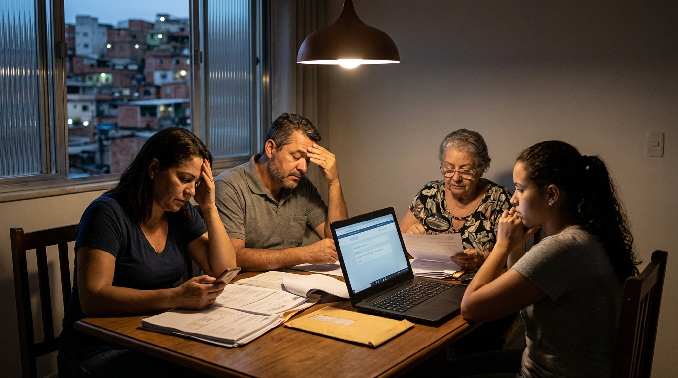 Família brasileira preocupada revisando documentos médicos na mesa da sala após sofrer cancelamento unilateral Notredame Intermédica