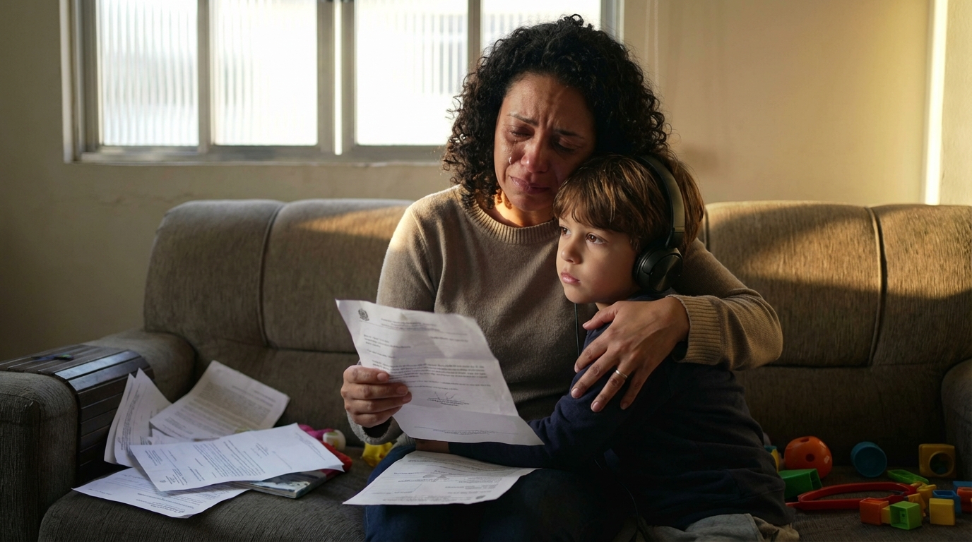 Mãe brasileira angustiada abraçando seu filho no espectro autista enquanto segura notificação e busca garantir a continuidade assistencial plano de saúde