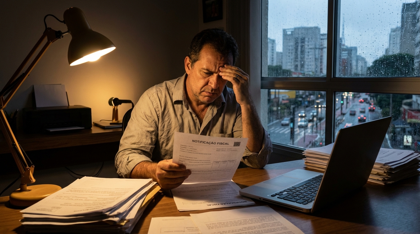 Empresário brasileiro em seu escritório analisando notificação fiscal com expressão de preocupação após sofrer rescisão plano empresarial