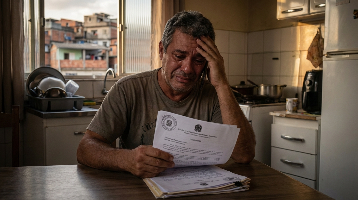 Cidadão brasileiro emocionado e aliviado conversando ao telefone em sua cozinha, segurando documentos judiciais garantindo sua liminar plano de saúde tratamento grave