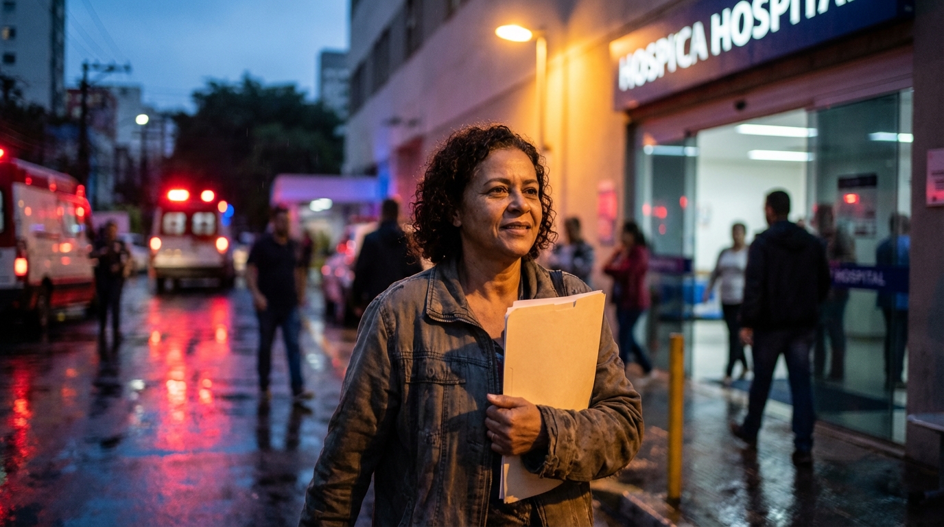 Mulher brasileira confiante e aliviada caminhando para o hospital após conseguir advogado direito da saúde SP para garantir na justiça a manutenção do seu tratamento oncológico