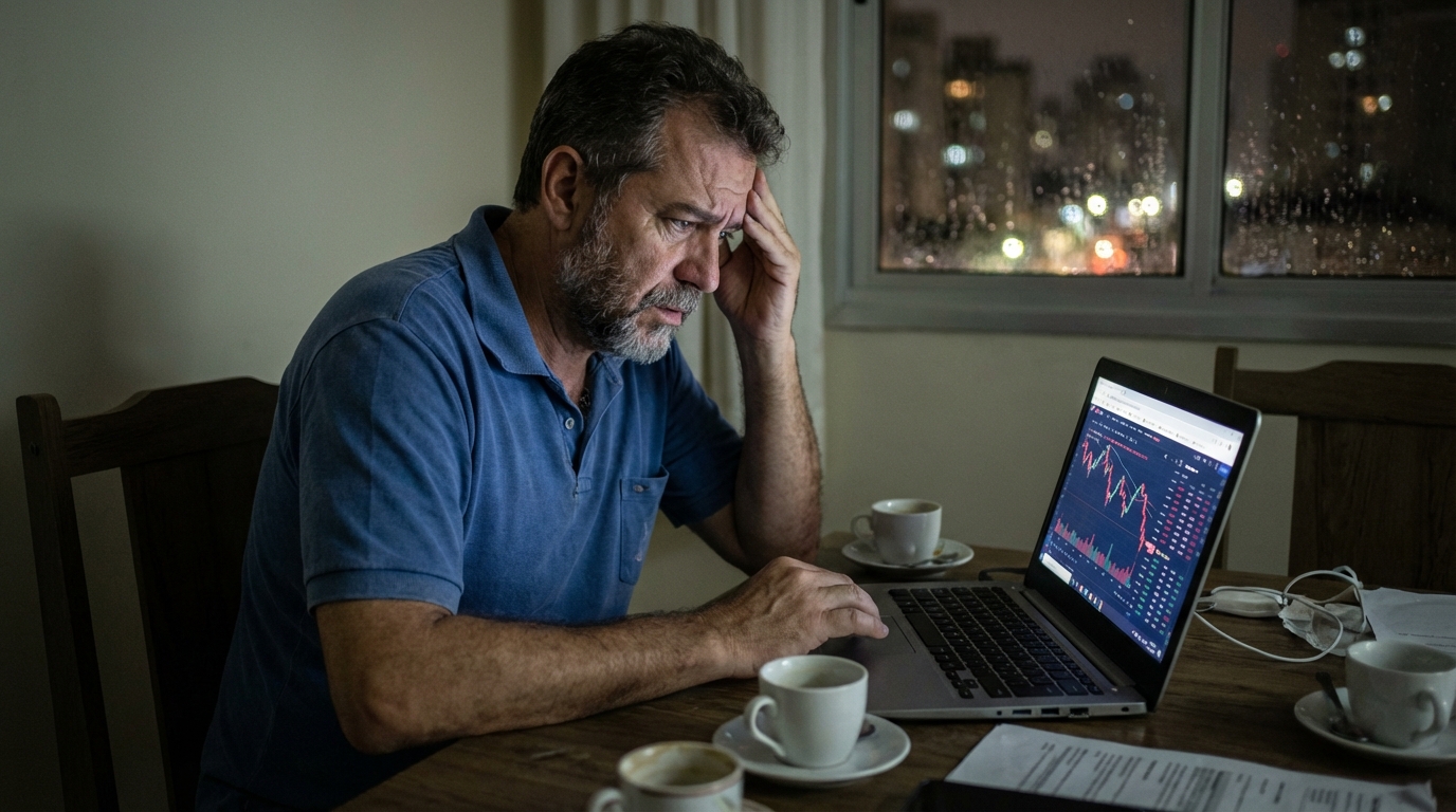 Investidor brasileiro de meia idade visivelmente preocupado e tenso analisando gráficos financeiros em um laptop na mesa de jantar de sua casa