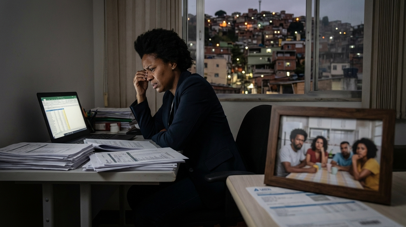 Executiva brasileira negra com expressão de choque e frustração revisando pilhas de relatórios impressos em um escritório escuro