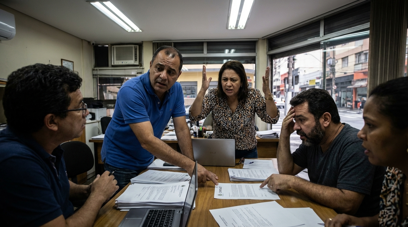 Grupo de pequenos empresários brasileiros discutindo acaloradamente em volta de uma mesa, apontando para contratos e demonstrando indignação
