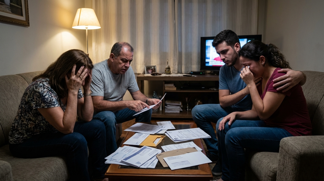 Família brasileira de classe média na sala de casa, olhando com desespero para extratos bancários e cartas de cobrança em cima da mesa de centro