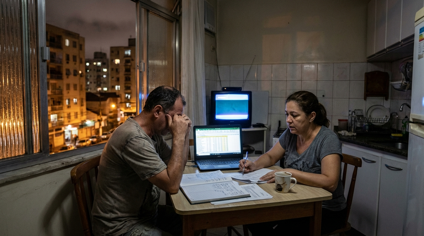 Contador brasileiro exausto, com a gravata frouxa, esfregando os olhos diante de múltiplas telas de computador com planilhas financeiras de madrugada