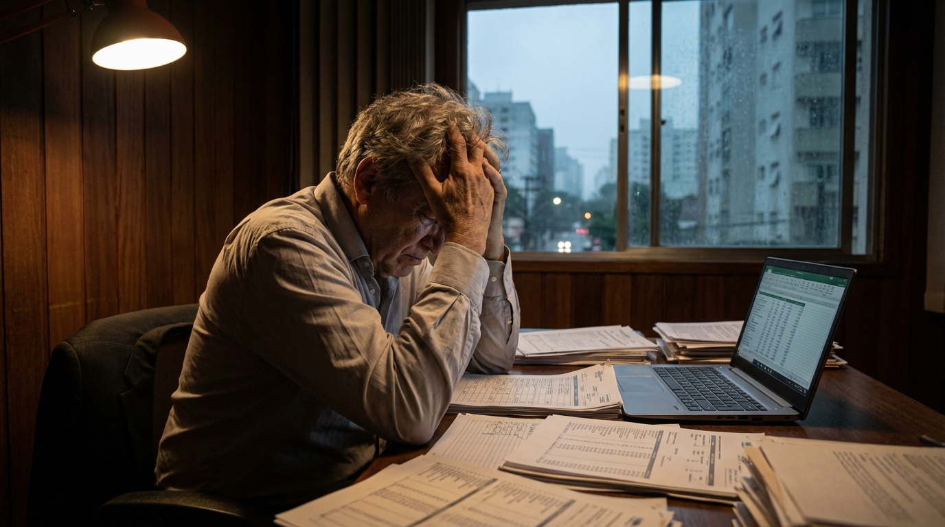 Empresário brasileiro angustiado no escritório analisando extratos bancários com as mãos na cabeça, expressando forte Risco Fiscal e preocupação com Compliance Fiscal