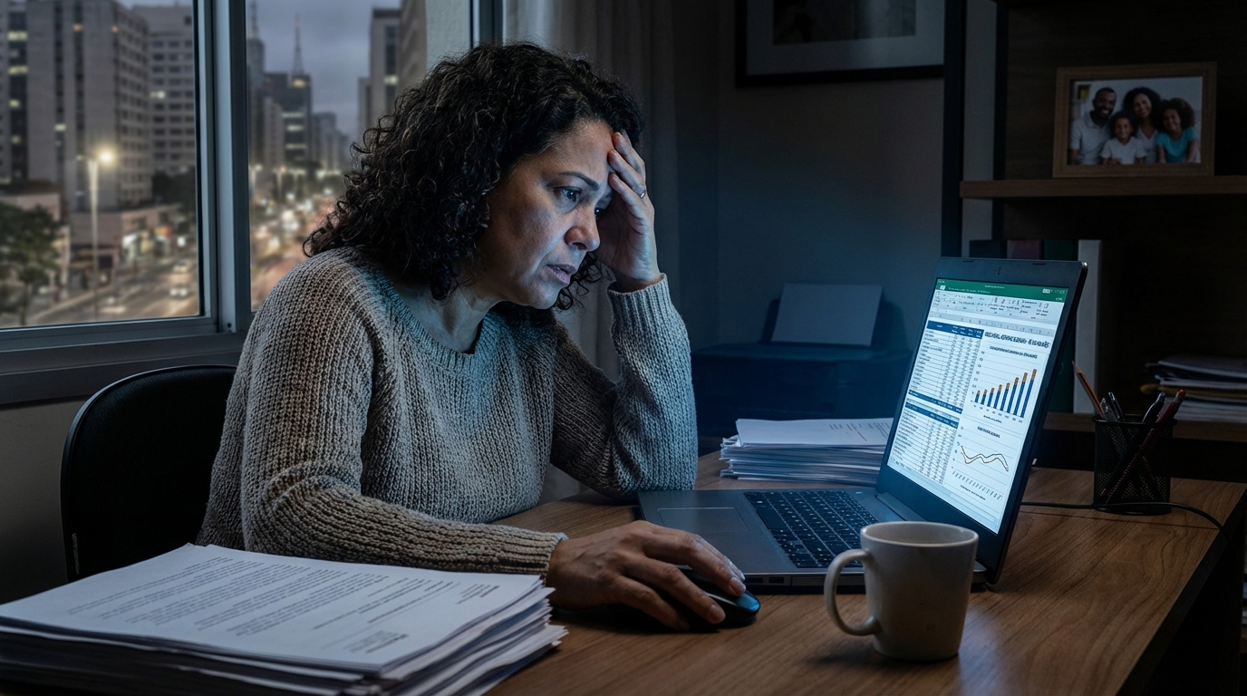 Gestora financeira brasileira em ambiente de escritório tenso, olhando para tela de computador iluminada com gráficos, demonstrando o impacto do Planejamento Tributário falho