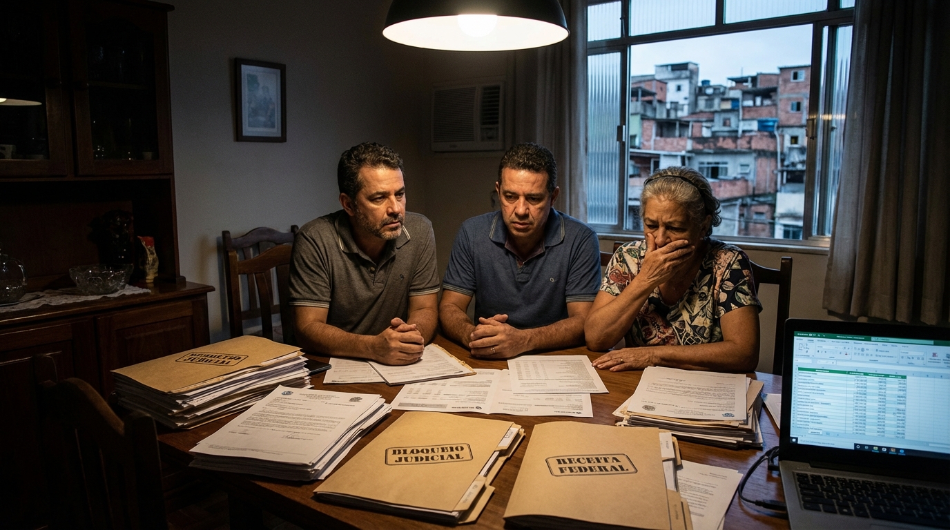 Família brasileira preocupada na sala de jantar revisando documentos de bloqueio judicial de bens, ilustrando as graves consequências do Direito Societário mal aplicado