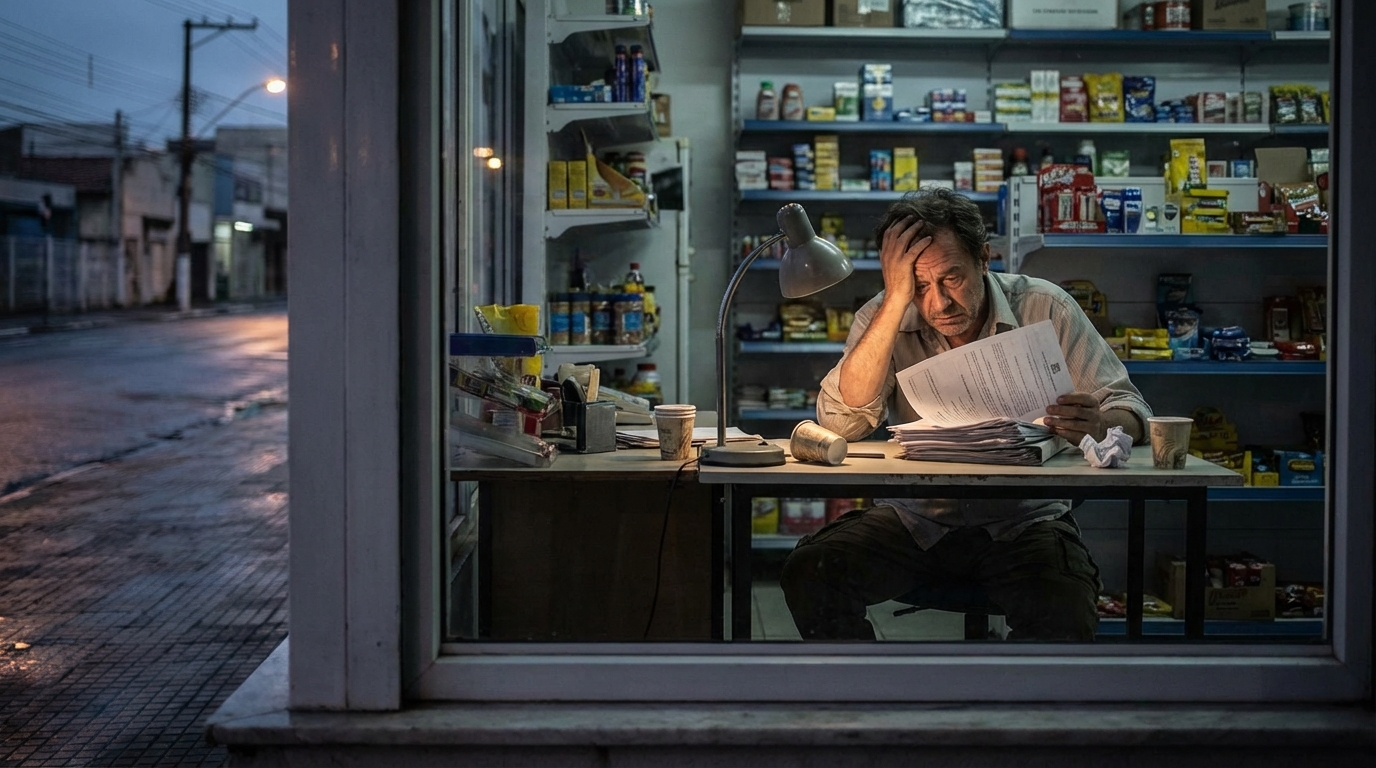 Pequeno empresário brasileiro exausto sentado em sua loja após o expediente, segurando uma notificação fiscal pesada sobre Simulação de Negócio Jurídico