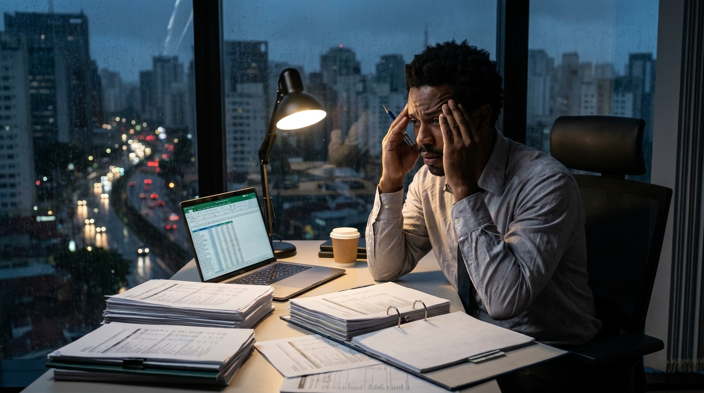 Diretor executivo brasileiro afrodescendente com semblante tenso analisando documentos financeiros até tarde da noite em seu escritório - compliance fiscal
