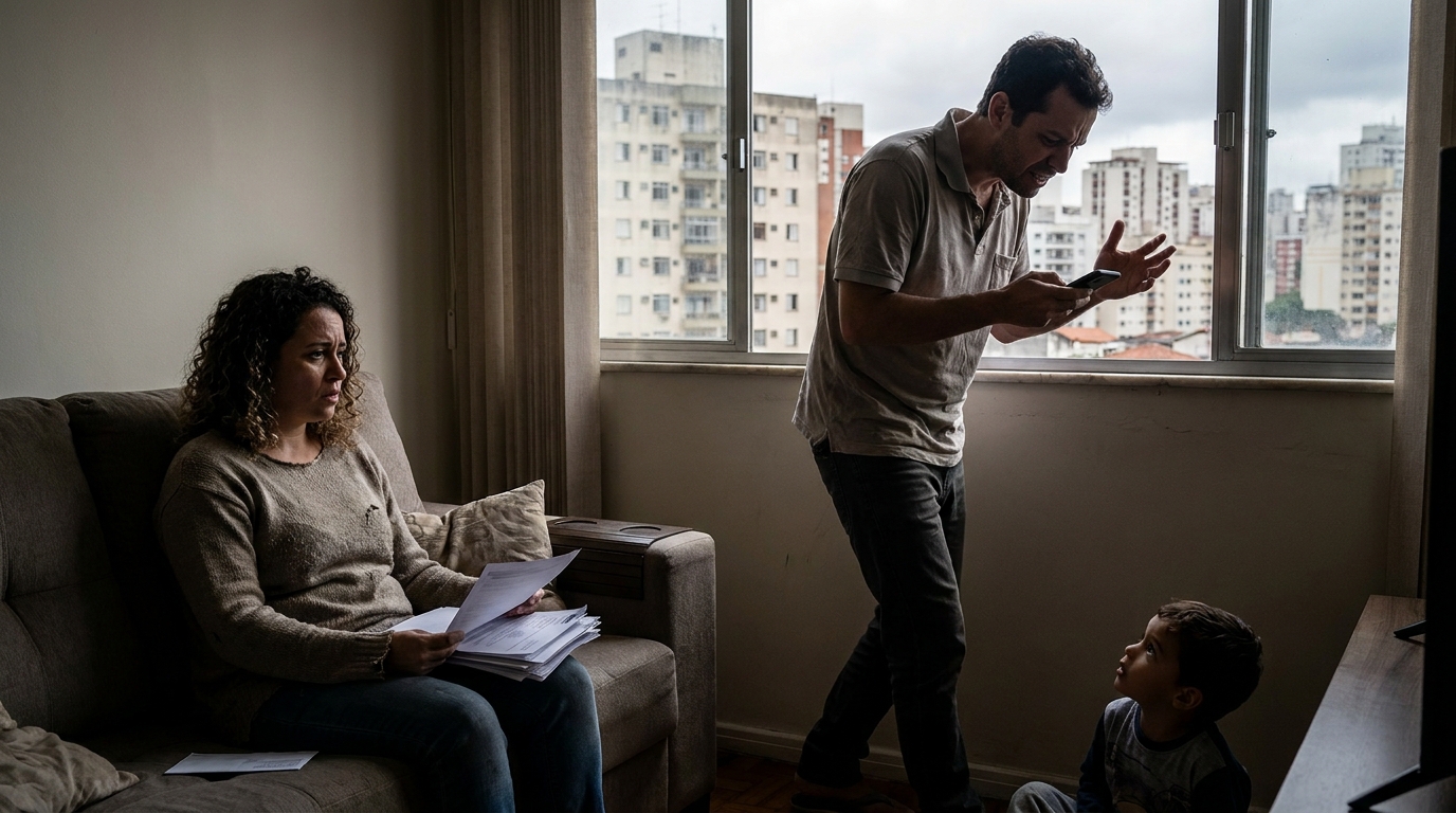 Família brasileira angustiada na sala de estar, mulher segurando papéis com expressão de choque enquanto o marido fala ao telefone - responsabilidade de diretores