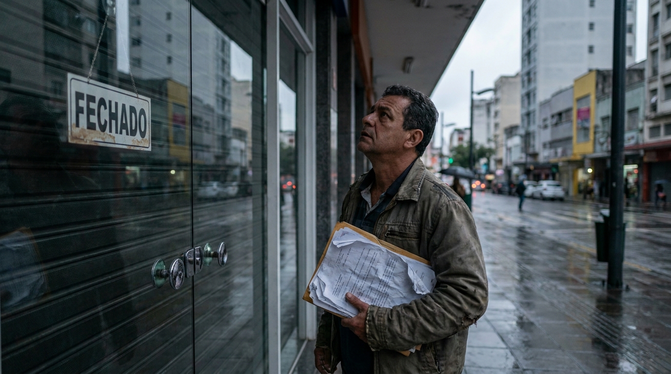 Empresário brasileiro de meia-idade observando a fachada de sua empresa com preocupação, segurando uma pasta de notificações fiscais - direito tributário empresarial