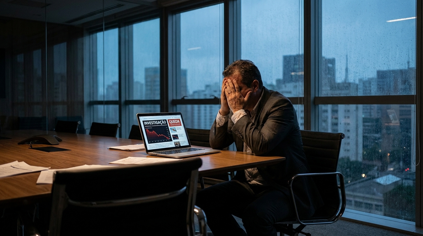 Gestor financeiro brasileiro em sala de reunião vazia, encarando um notebook com gráficos em queda e expressão de exaustão - risco legal para executivos