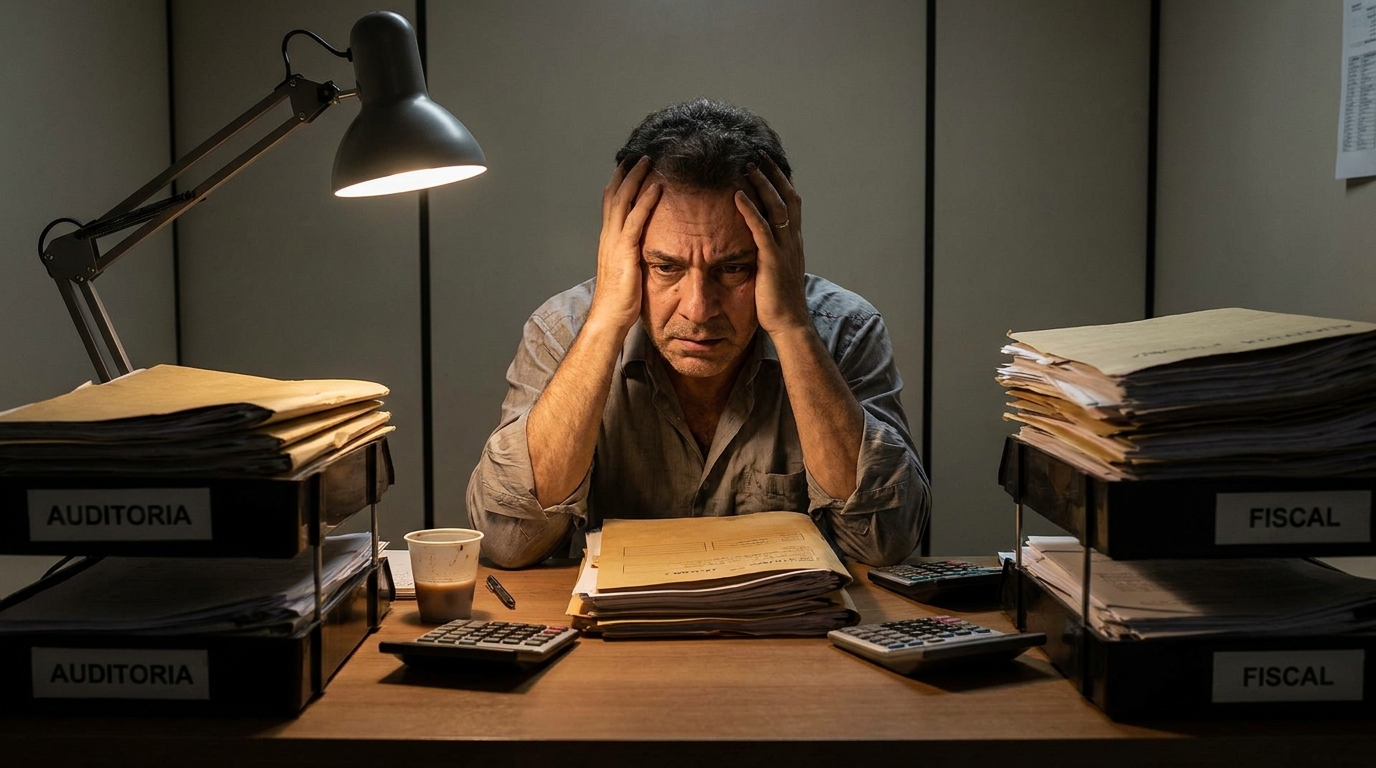 Contador brasileiro preocupado organizando pilhas de pastas de auditoria fiscal em uma mesa de escritório desorganizada - governança corporativa
