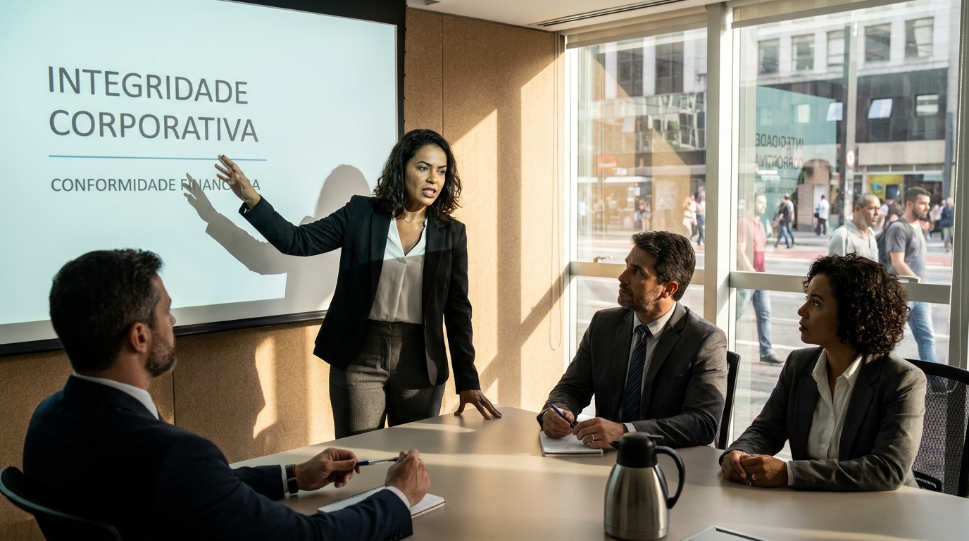 Executiva brasileira em ambiente corporativo moderno, instruindo sua equipe com firmeza durante um treinamento de conformidade financeira - governança corporativa