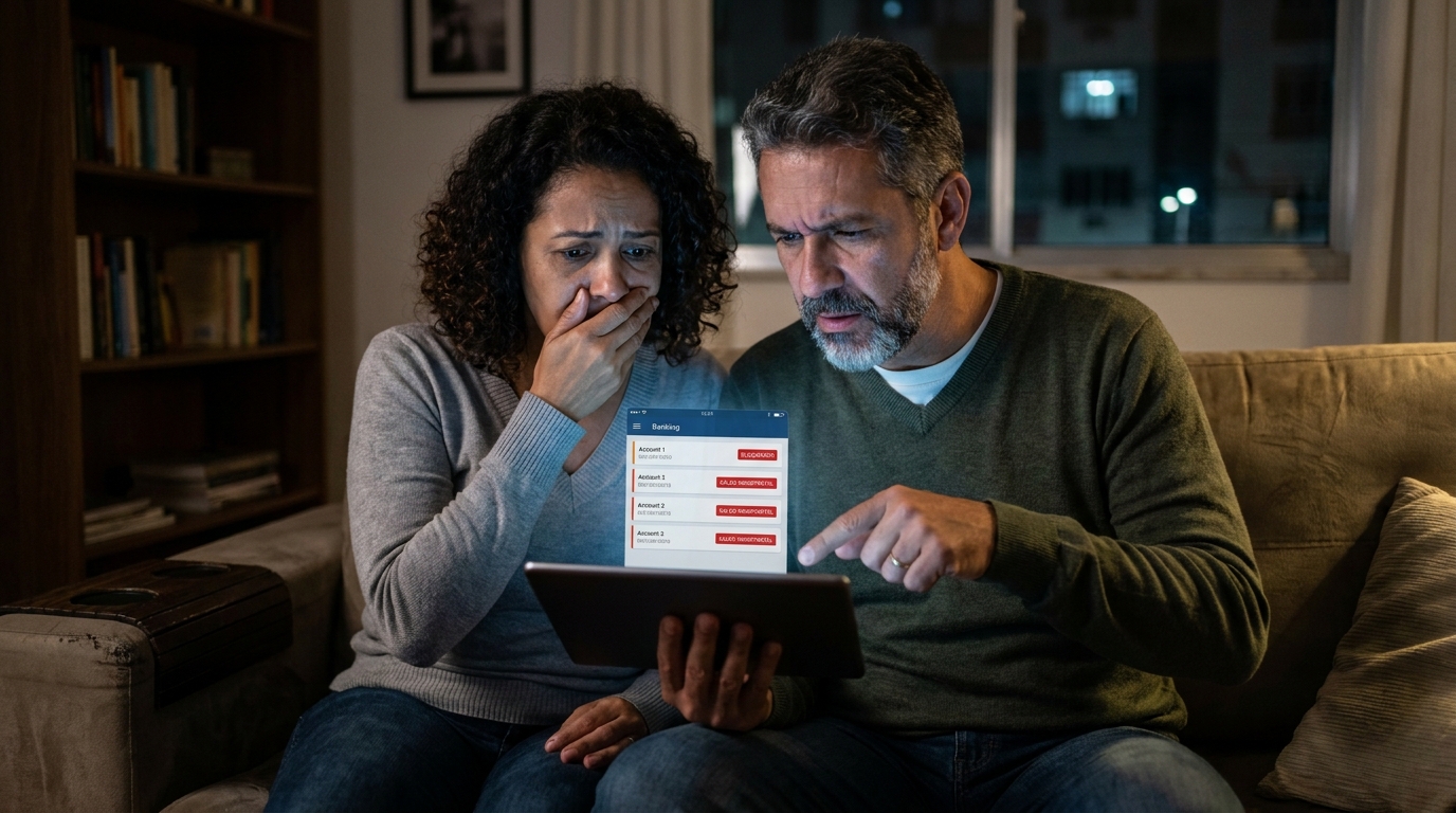 Casal de empreendedores brasileiros em casa, olhando para a tela de um tablet mostrando contas bancárias bloqueadas, com expressões de frustração profunda - risco legal para executivos