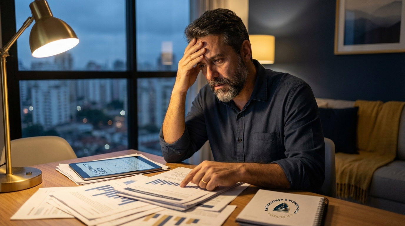 Dr. Oliveira, advogado criminal renomado, em escritório moderno e luxuoso com fundo azul gradiente - Caso Master e BRB: Lições de Governança, Compliance e Recuperação de Ativos para sua Empresa