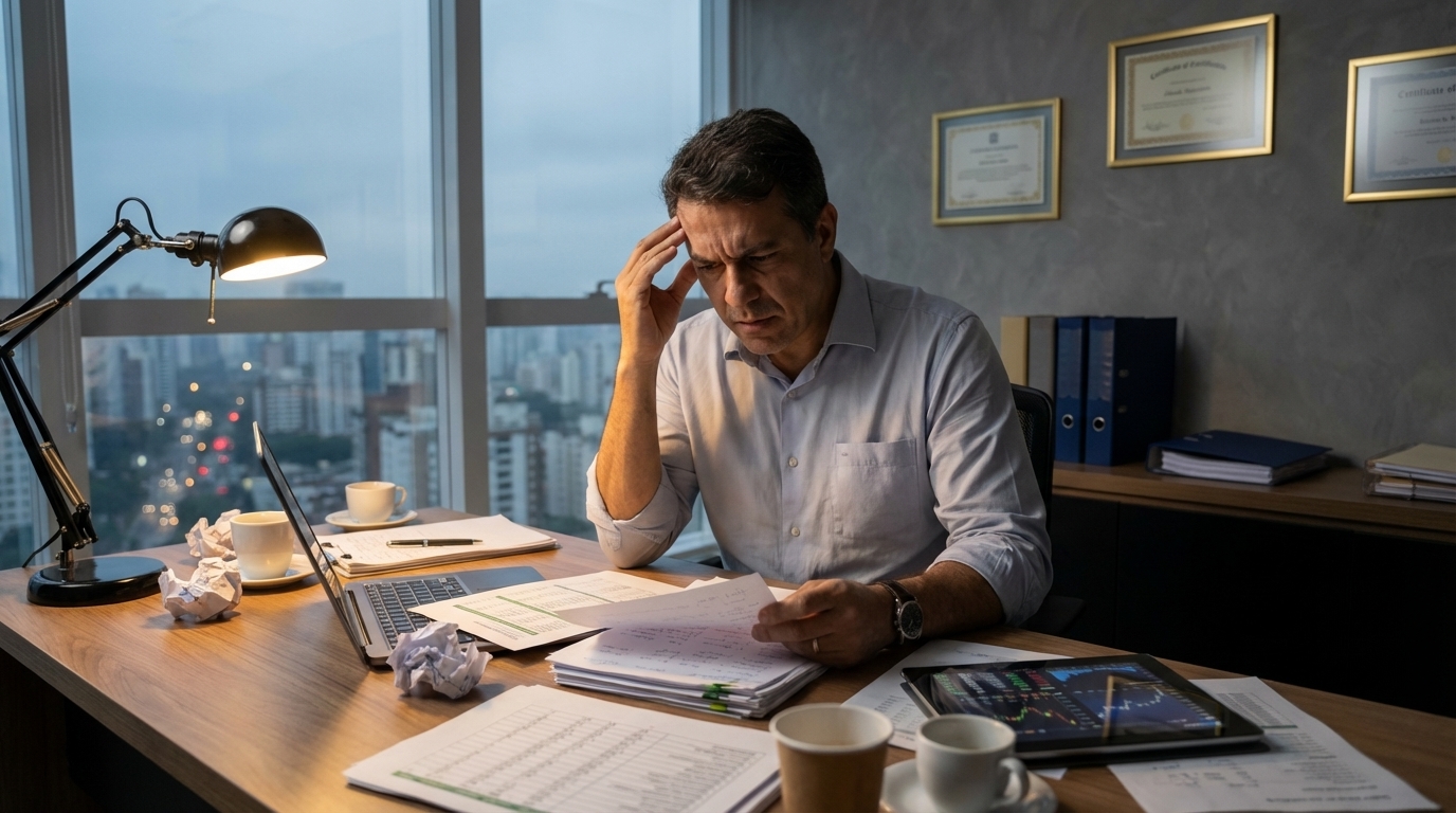 Empresário brasileiro preocupado analisando relatórios financeiros com falhas de governança corporativa em seu escritório