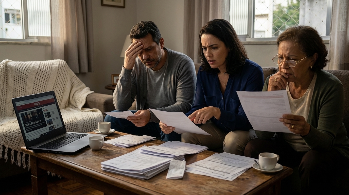 Família brasileira preocupada na sala de casa revisando documentos financeiros e notícias sobre a economia