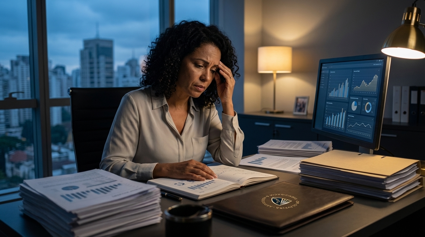 Gestora educacional brasileira preocupada no escritório analisando relatórios de riscos e direito societário no notebook