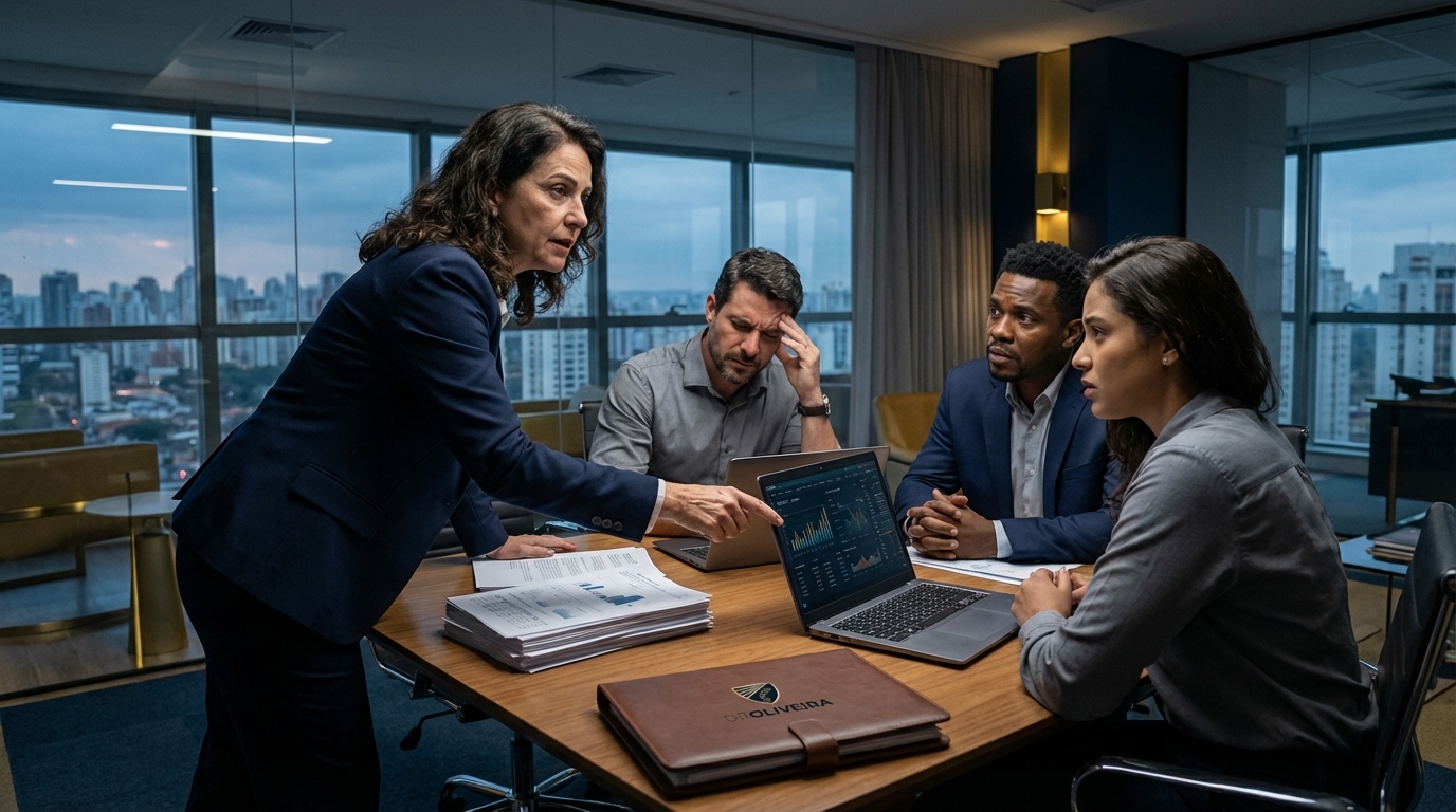 Grupo diversificado de profissionais brasileiros em reunião tensa discutindo estratégias de governança corporativa e compliance