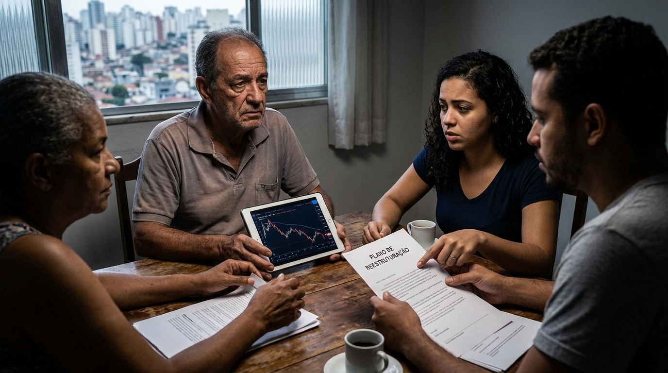 Empresários e gestores brasileiros preocupados em reunião de diretoria analisando gráficos de reestruturação de empresas com expressões tensas