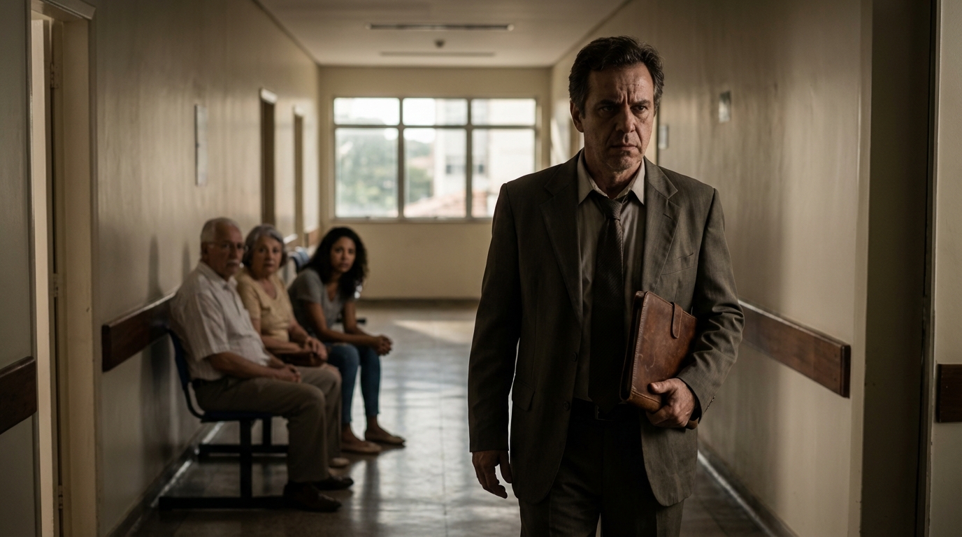 Gestor de hospital brasileiro caminhando por corredores vazios com expressão de preocupação refletindo sobre venda de ativos e compliance fiscal