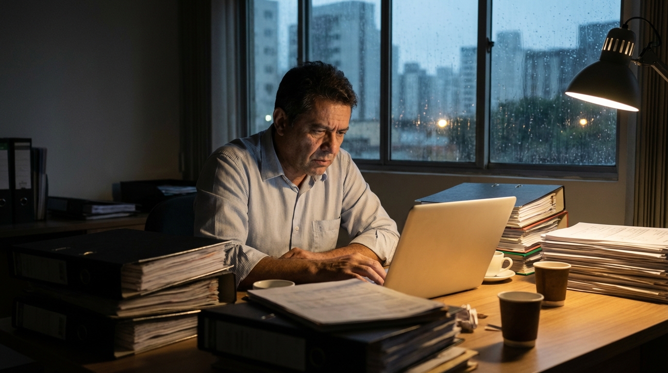 Contador brasileiro em escritório focado revisando pilhas de documentos fiscais e contratos de planejamento tributário até tarde da noite