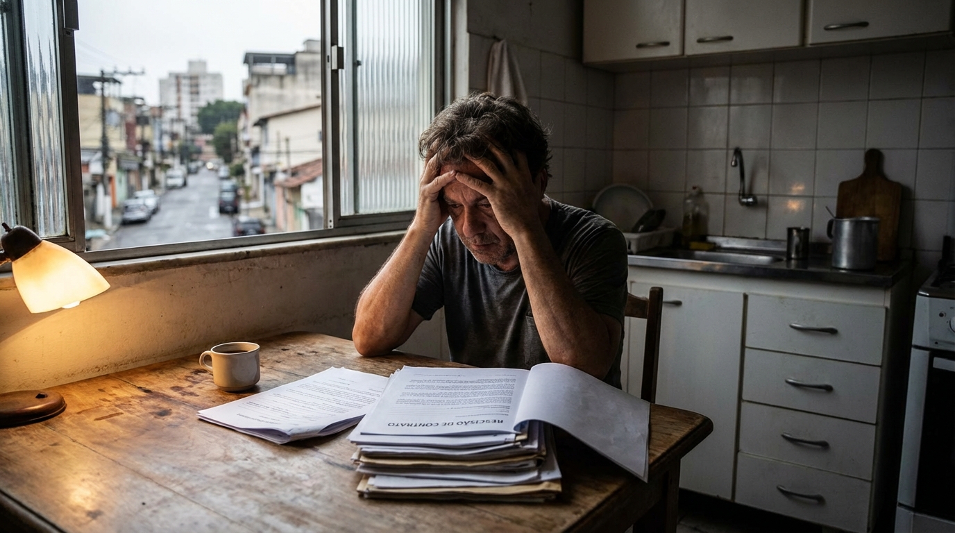 Trabalhador brasileiro angustiado sentado na mesa da cozinha analisando documentos de rescisão de contrato de trabalho