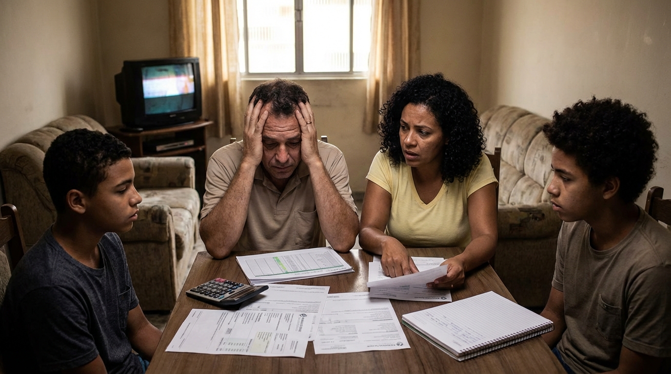 Família brasileira preocupada na sala de estar fazendo contas e planejando o orçamento após demissão sem justa causa