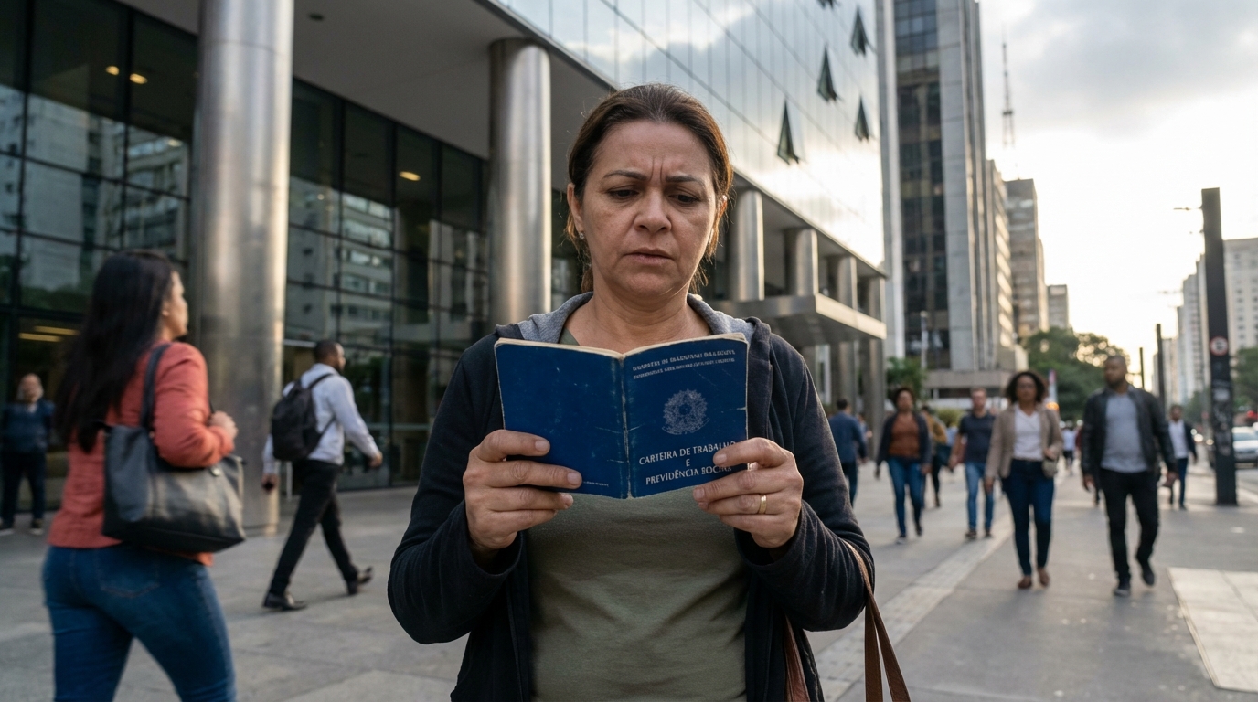 Mulher brasileira trabalhadora segurando a carteira de trabalho com expressão de dúvida na frente de um prédio comercial
