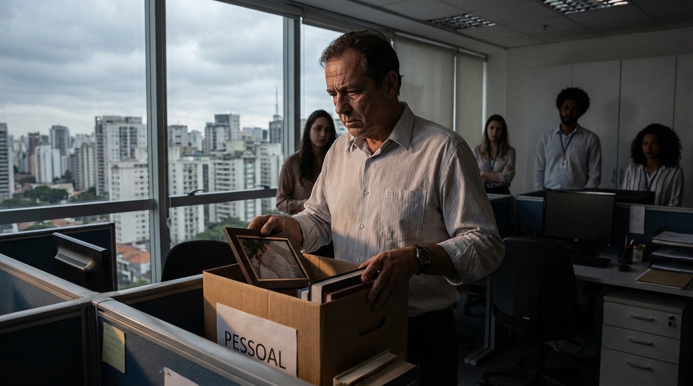 Executivo brasileiro de meia idade em escritório guardando seus pertences em uma caixa de papelão após demissão