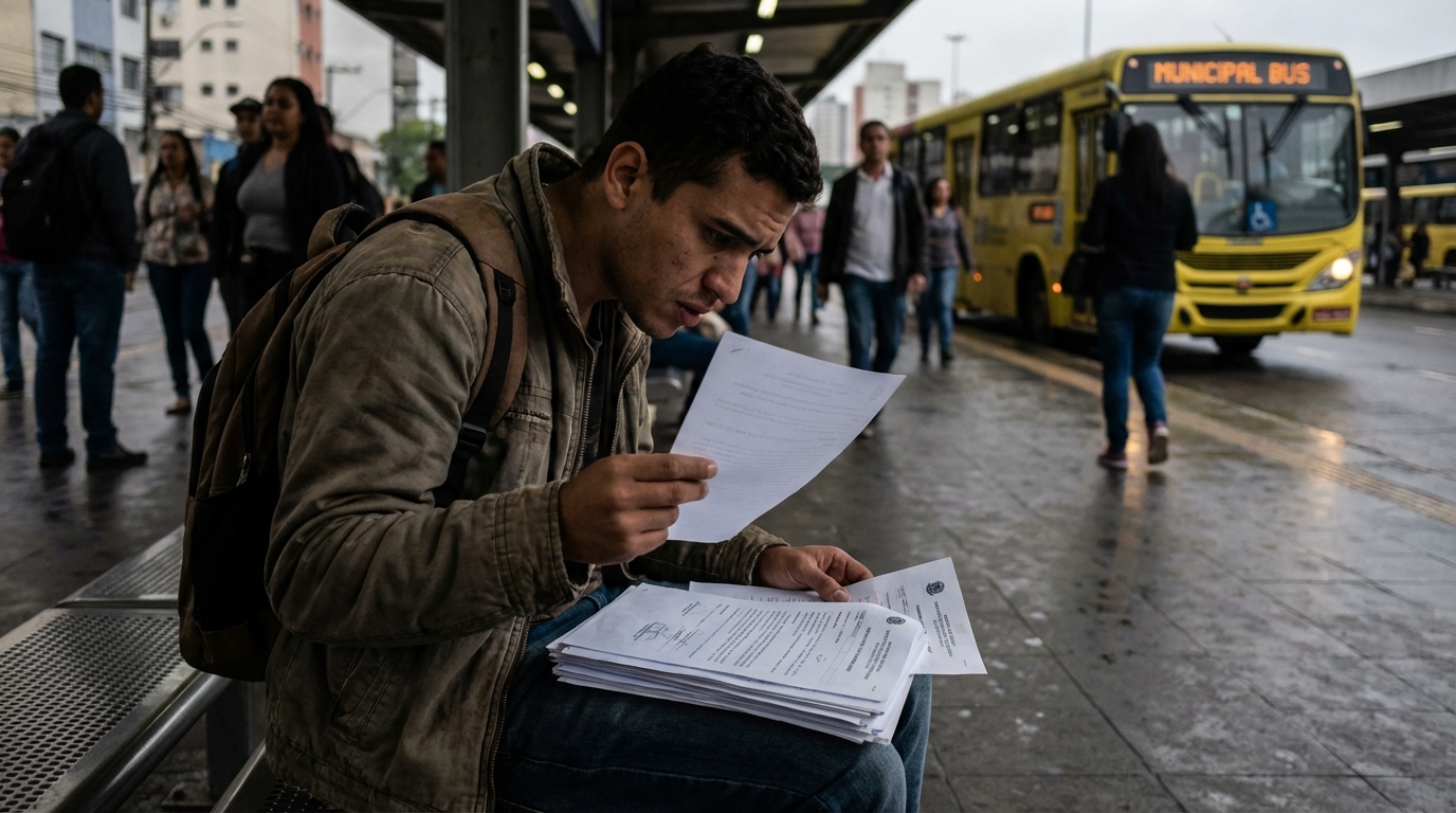 Jovem trabalhador brasileiro em um terminal de ônibus lendo atentamente os documentos rescisórios entregues pela empresa