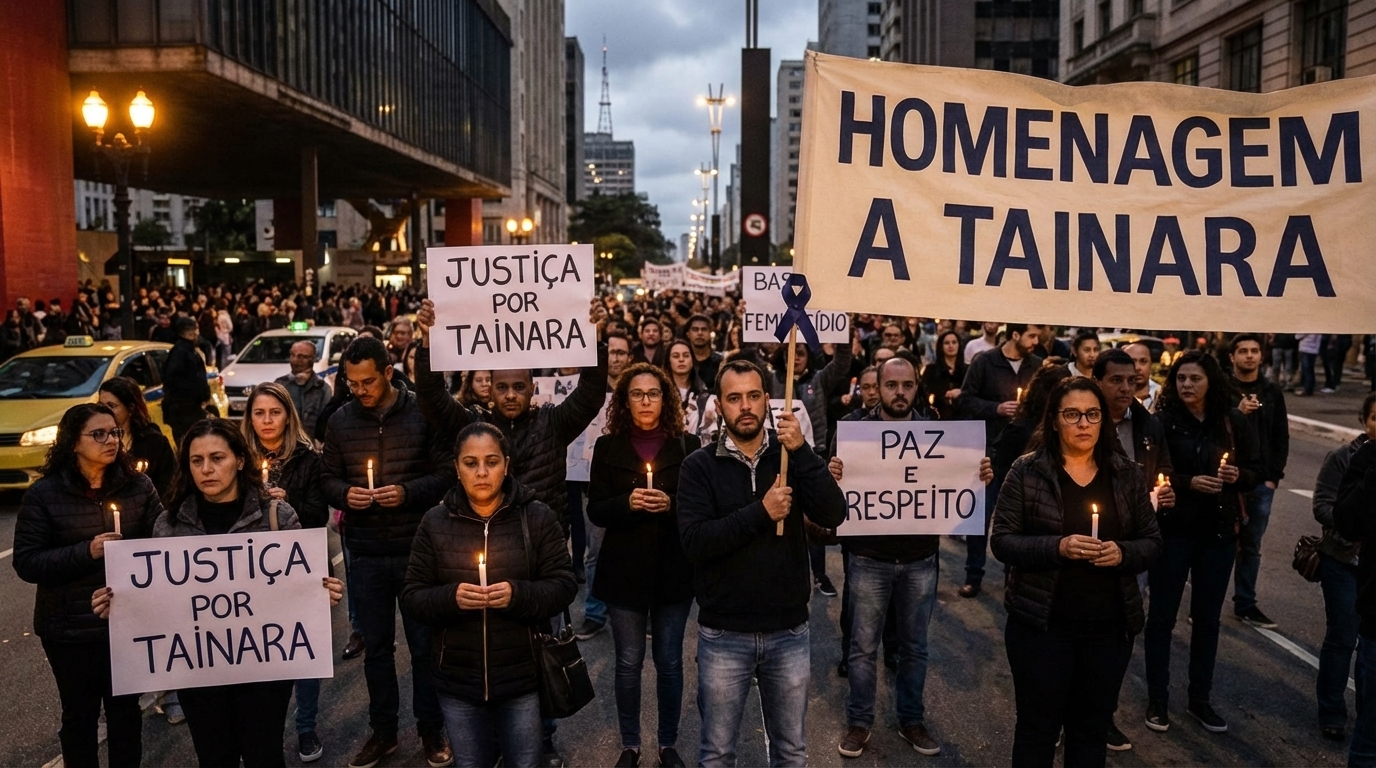 Grupo de cidadãos brasileiros em protesto pacífico segurando cartazes pedindo justiça em uma rua de São Paulo, demonstrando solidariedade e luto